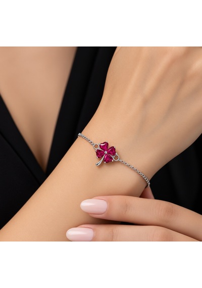 Premium Parlak Ve Şık Koyu Pembe Taşlı Yonca Model Kadın 925 Ayar Gümüş Bileklik 21 Cm