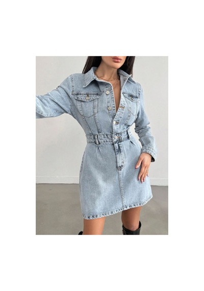 Kene Jeans Ön Pileli Düğme Kapamalı Kot Elbise Buz Kar