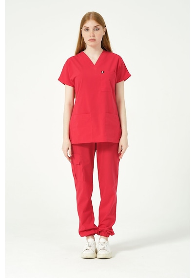 Nar Çiçeği Likralı Scrubs Kargo Cep Jogger Paça Doktor Hemşire Forması Yarasa Kol Takım Unisex
