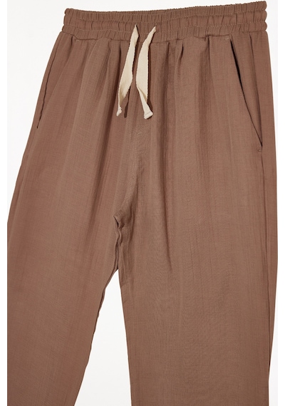 Tudors Erkek Baggy Fit Geniş Kesim %100 Pamuk Beli Lastikli Yandan Cepli Müslin Bej Düz Pantolon-46264 Bej