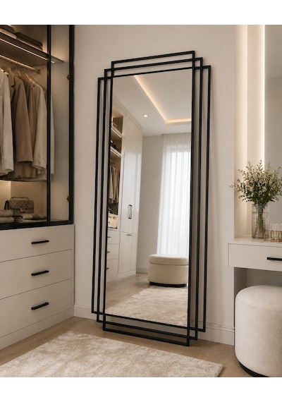 Effe Siyah Metal Çerçeveli 180x80 Cm Dekoratif Ayna 180x80cm-3-lü-siyah