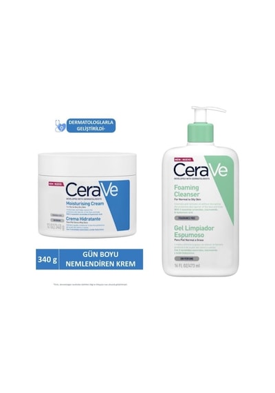 Cerave Kuru Ciltler İçin Nemlendirici Bakım Kremi 340 G + Cerave Normal ve Yağlı Ciltler İçin Yüz Temizleme Köpüğü 473 ML