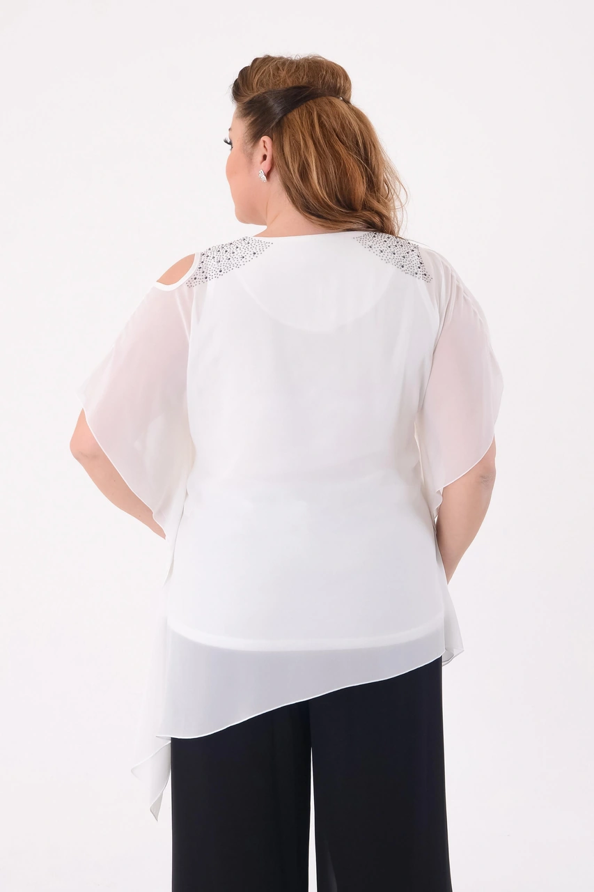 Lilas Xxl Büyük Beden Krem Renkli Asimetrik Kesim Şifon Bluz Beyaz