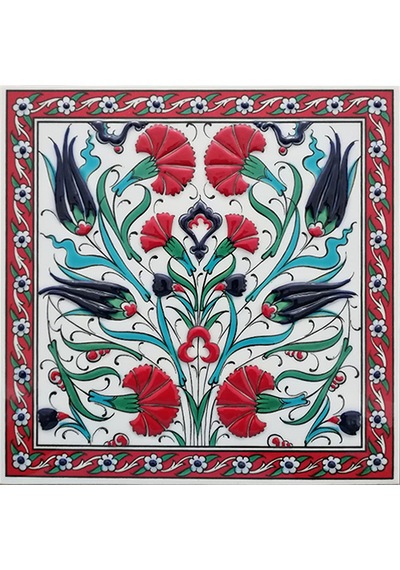 Armada Çini 20x20 Cm Ed 361 Lale Karanfil Kırmızı Kobalt Desenli Eldekoru Çini Karo