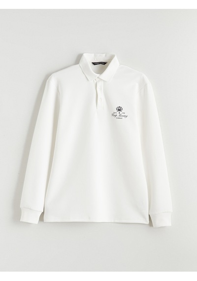 Lcwaıkıkı Classic Beyaz Polo Yaka Baskılı Erkek Sweatshirt