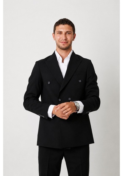 Modmen Erkek Kruvaze Slimfit Takım Elbise Erkek Spor Kruvaze Takım Elbise Siyah