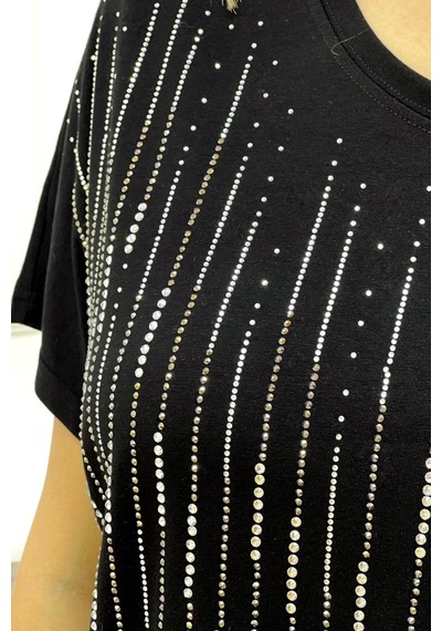 Rich Glam Bol Kesim Bisiklet Yaka Büyük Beden Crystal Taşlı Kadın T-shirt Siyah