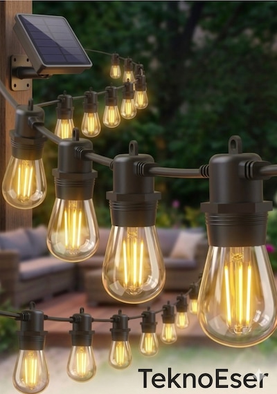 Solar Edison Ampul Zinciri 10 Metre Gunes Enerjili Dekoratif Filament Led Bahce Aydinlatma