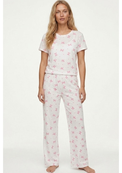 Siyah İnci İnce Soft Örme Mevsimlik Pijama Takımı 8003 Beyaz Pembe Fiyonk