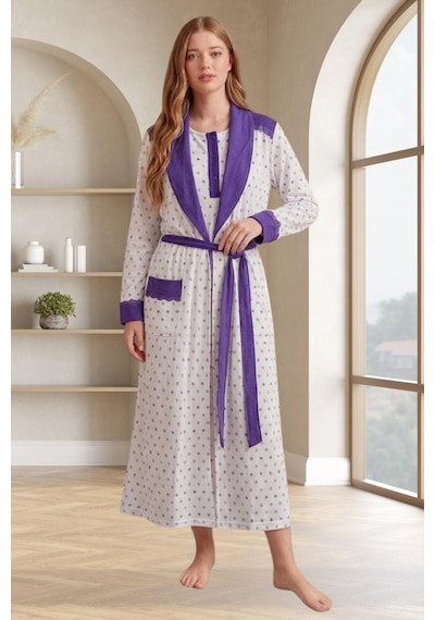 Mecit Pijama Mecit 6359 Mor Kadın Uzun Sabahlıklı Gecelik Takım