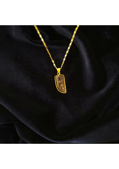 Doğal Ametist Taşlı Özgün Formlu Gold Çerçeveli Çelik Zincirli Kolye Mor