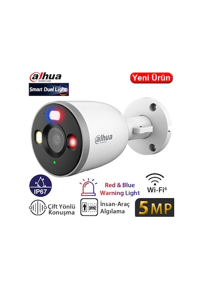 Dahua F5d-pv 5mp Wı-fı Ip67 Kırmızı Mavi Işıklı Smart Karşılıklı Konuşma Bullet Kamera