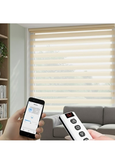 Akıllı Motorlu Zebra Perde, Zaman Ayarlı, Kumandalı, Telefon Ve Sesle Kontrol, Tuya Uyumlu Ekru