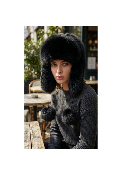 Emybox Rus Şapkası Kadın Ushanka Kürk Kalpak - Soğuk Geçirmez Kulaklı Ponponlu Kışlık Şapka Siyah