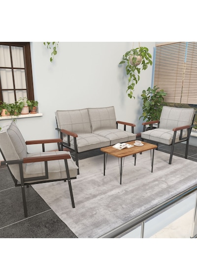 Mygusi Modern Balkon, Bahçe, Cafe - Metal Kanepe Koltuk Takımı - 2 1 1 Sehbalı Krem