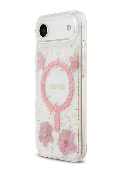 Apple Uyumlu iPhone 17 Air Kılıf Guess Lisanslı M-safe Şarj Özellikli Transparan Resin Flowers Kapak Pembe Pembe