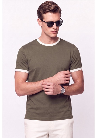 Efor Slim Fit Bisiklet Yaka Haki - Ekru Tişört Ts 932 Haki-ekru