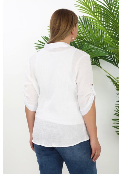 Lady Majestic %100 Cotton Büyük Beden Kadın Müslin Kumaş Gömlek Beyaz