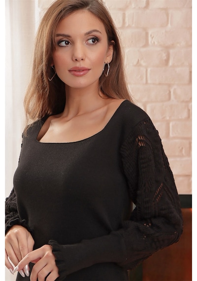 Aqe Fashion Kol Dantel Detaylı U Yaka Eteği Fırfırlı Siyah Elbise Siyah
