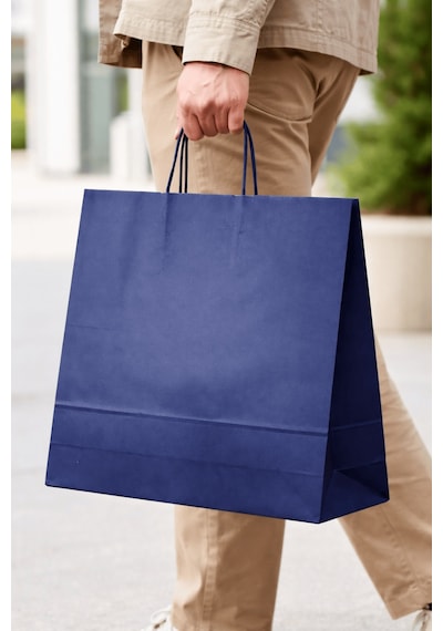 Elit Burgu Saplı Kraft Çanta Mavi Fsc Sertifikalı Kağıt Poşet Butik Hediye Torbası 36x12x41 Cm 50li