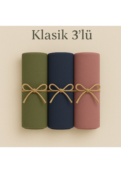 Mim Eşarp Penye Pamuksu Şal Klasik 3 Lü Set Haki - Lacivert - Gül Kurusu