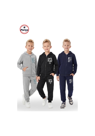 Fyk Kids 3'lü Fermuarlı Baskı Detaylı Kanguru Cepli 6 Parça Erkek Çocuk Eşofman Takımı Gri - Siyah - Lacivert