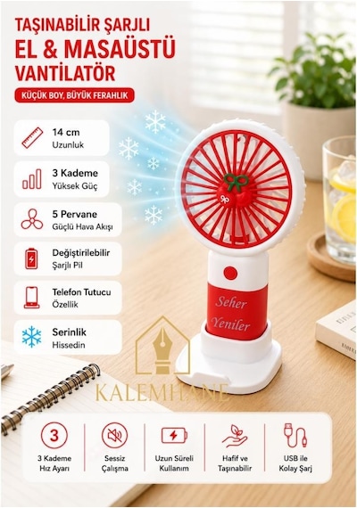 Kalemhane Kişiye Özel Mini El Fanı- 3 Kademeli 5 Pervaneli Turbo Güç