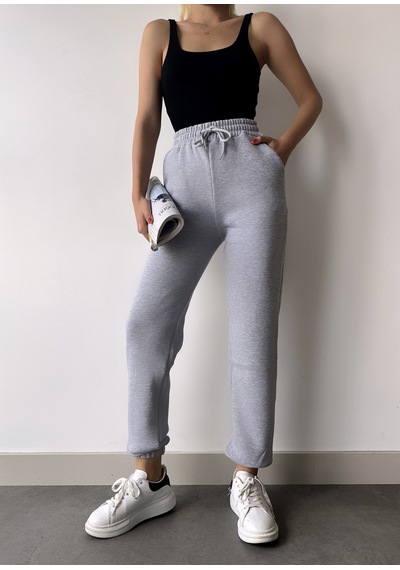 Gugus Trend Kadın Kışlık Kalın İçi Polarlı Yüksek Bel Paçası Lastikli Basic Jogger Eşofman Altı Gri