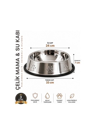 Köpekler İçin Pati Desenli Çelik Mama Su Kabı 33 Cm - 96 Oz - 3 Lt