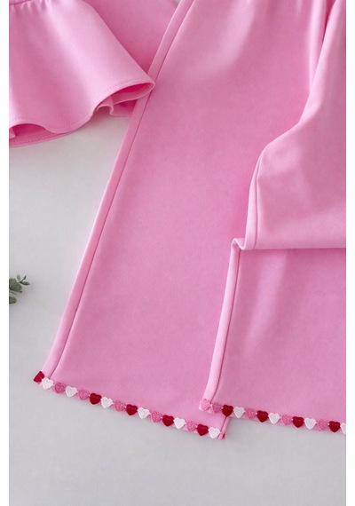 Magu Kız Çocuk Pamuklu Pembe Kalp Detaylı Bluz Pantolon Takım