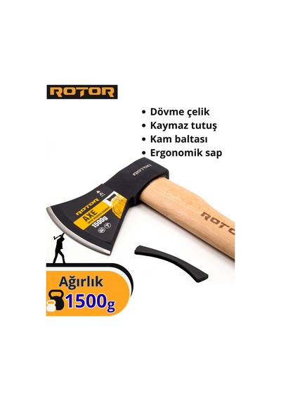 Rotor Ahşap Saplı 1500gr+600gr 2 Li Balta Nacak Seti