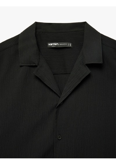 Koton Regular Fit Kısa Kollu Dokulu Apaş Yaka Gömlek Siyah 6sam60009hw