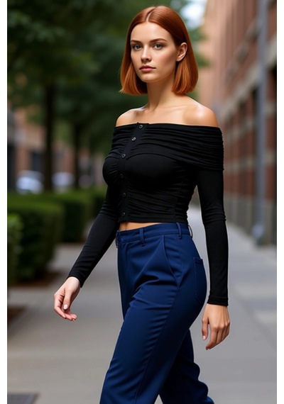 Frm Kadın Off Shoulder Büzgülü Düğmeli Uzun Kollu Crop Üst Kaliteli Ş siyah
