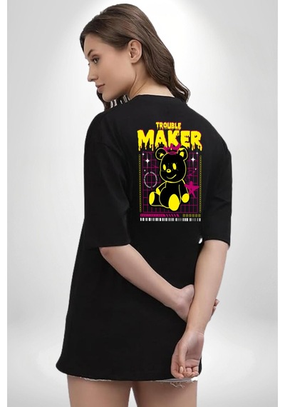 Baş Belası Teddy Siyah Oversize Unisex Ön Ve Sırt Baskılı Tişört Siyah
