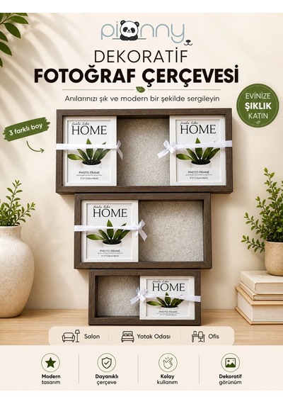 Pionny 2 Fotoğraflı Orta Boy Sürgülü Dekoratif Ahşap Çerçeve 10x15 Cm Koyu Kahve