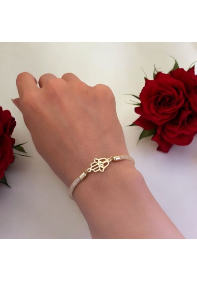 T Harfine Özel 14 Ayar Altın Plakalı Hasır Kordonlu Hamsa Motifli Hediye Bileklik-499harf T