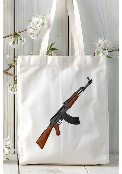 Art Hediye Ak-47 Kalaşnikof Baskılı Bez Çanta Kişiye Özel Model 2 Çok Renkli