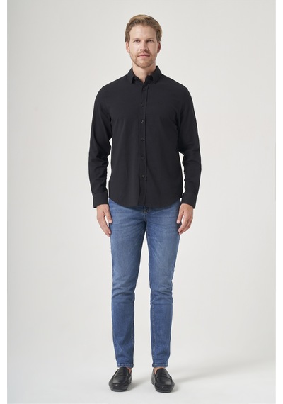İmza Siyah Biritli Yaka Uzun Kol Cepsiz Slim Fit Pamuklu Gömlek 1004260207