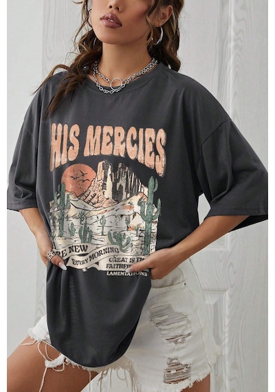 Unisex His Mercies Baskılı Oversize Tshirt Siyah