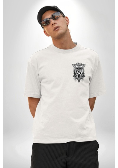 Yarım İnsan Yarım Leopar Mutant Leopar Kral Beyaz Oversize Unisex Ön Ve Sırt Baskılı Tişört Beyaz