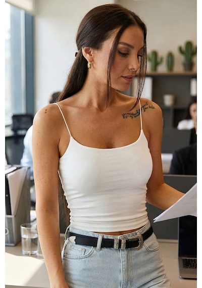 Armonika Kadın Ekru Ip Askılı Astarlı Crop Bluz Arm-22y055003