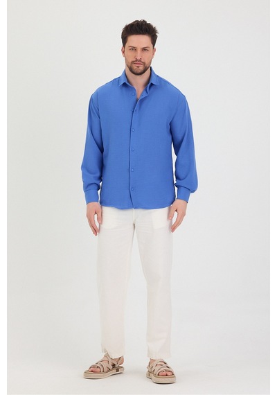 Cool Tarz Erkek Slim Fit Dar Kalıp Uzun Kol Pamuklu Keten Efekt Gömlek Saks Mavi Saks Mavi