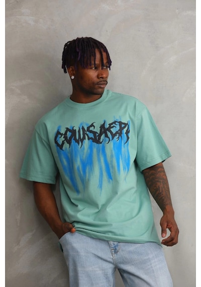 Barlashive Erkek Baskılı T-shirt Kısa Kol Bisiklet Yaka Rahat Kalıp Tişört - Mint Yeşili Çok Renkli