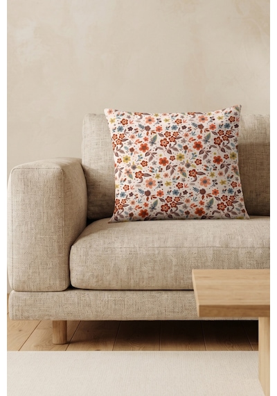 Sonbahar Çiçekleri Renkli Botanik Desenli Dijital Baskılı Dekoratif Kırlent Kılıfı 42x42 Cm Çok Renkli