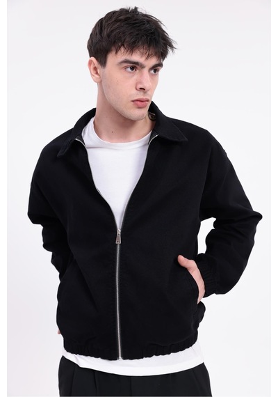 Erkek Gabardin Kumaş Fermuarlı Oversize Beli Lastikli Mevsimlik Ceket-265 Siyah