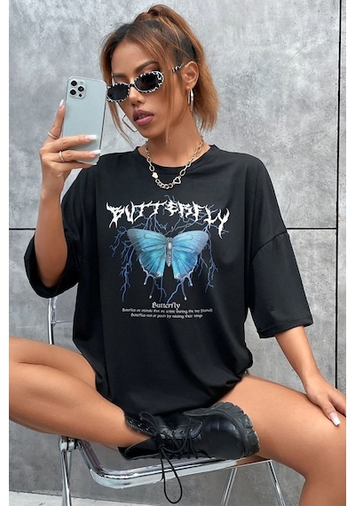 Flood Of Style Unisex Blue Butterfly Baskılı T-shirt Siyah
