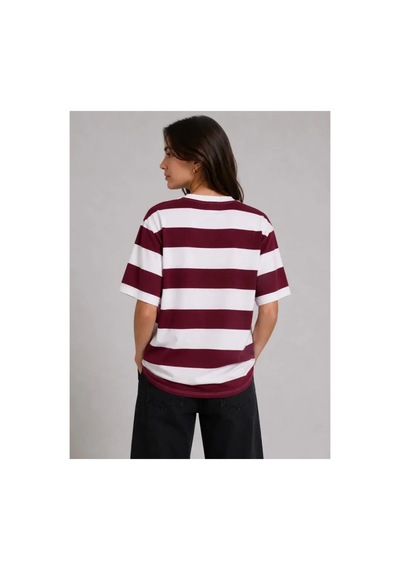 Butik İstanbul Çizgili Oversize Tişört Bisiklet Yaka Kısa Kol Yazlık T-shirt - Bordo