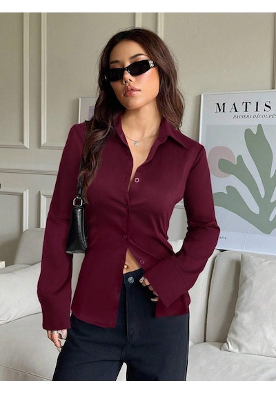 Kadın Arkası Bağcıklı Gömlek Slim Fit Günlük Ve Ofis Kombin Modern Tasarım Bordo