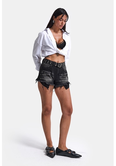it's basic Kadın Siyah Kot Rengi Droplu Kemerli Özel Tasarım Denim Şort