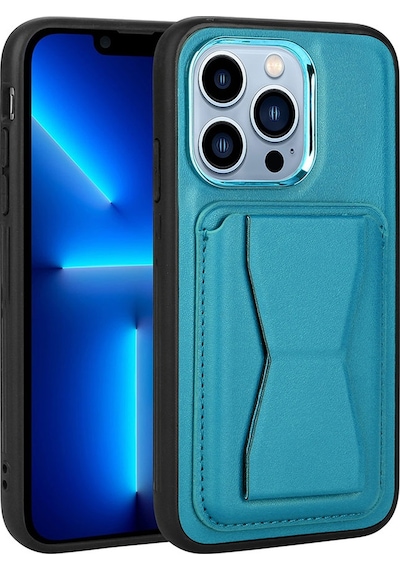 Kilifone - Apple Uyumlu iPhone 13 Pro - Kılıf Kart Bölmeli El Tutacaklı Stand Olan Pu Deri Memo Kapak - Mavi